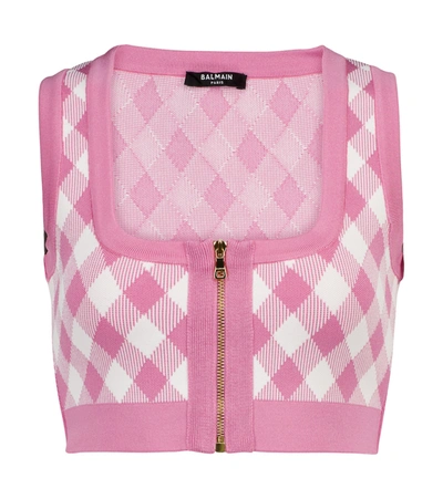 Shop Balmain Checked Jacquard Crop Top In Pink