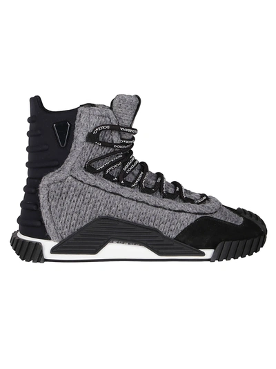 Shop Dolce & Gabbana Black Leather And Grey Knitted Sneakers In Grey Black