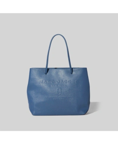 Shop Marc Jacobs Logo Shopper East West Tote Bag In Blue Sea