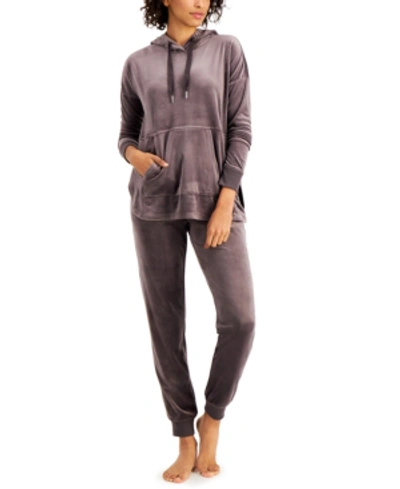 Shop Alfani Velour Hoodie & Pants Pajama Set, Created For Macy's In Grey Taupe