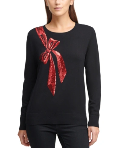 Shop Dkny Sequin Bow Sweater In Black/holiday Red