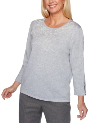 Shop Alfred Dunner Petite Sapphire Skies Pearl-beaded Sweater In Gray