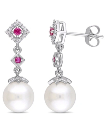 Shop Macy's Freshwater Cultured Pearl (8.5-9mm), Ruby (1/7 Ct. T.w.) And Diamond (1/10 Ct. T.w.) Drop Earrings I In White