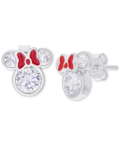 Shop Disney Children's Cubic Zirconia & Enamel Minnie Mouse Stud Earrings In Sterling Silver