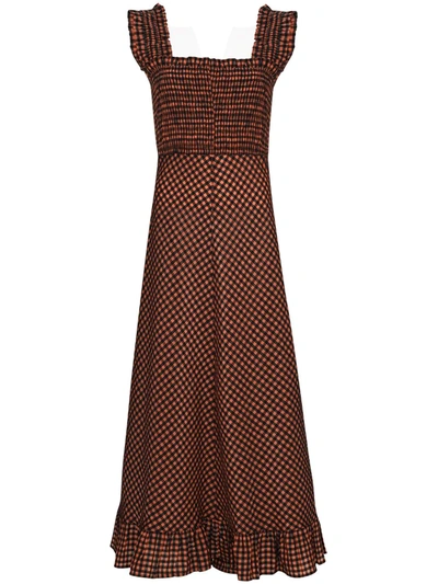 Shop Ganni Check-pattern Smocked-waist Maxi Dress In Orange ,black