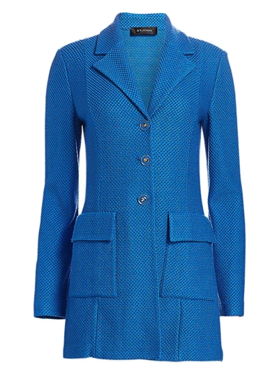 Shop St John Women's Honeycomb Knit Stretch-wool Long Jacket In Scuba Blue