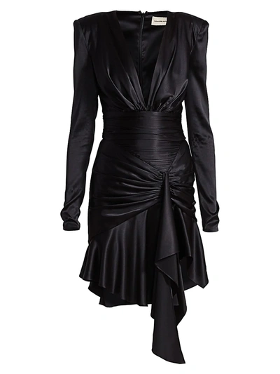 Shop Alexandre Vauthier Satin Deep V-neck Ruffled Mini Dress In Black