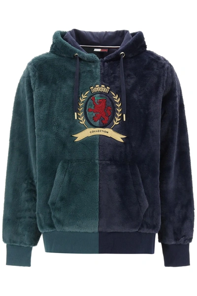 Shop Tommy Hilfiger Two-tone Teddy Hoodie With Thc Embroidery In Blue,green