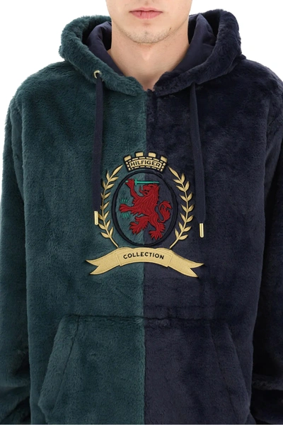 Shop Tommy Hilfiger Two-tone Teddy Hoodie With Thc Embroidery In Blue,green