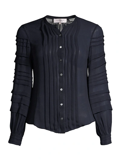 Shop Rebecca Taylor Pleated Silk Chiffon Blouse In Navy