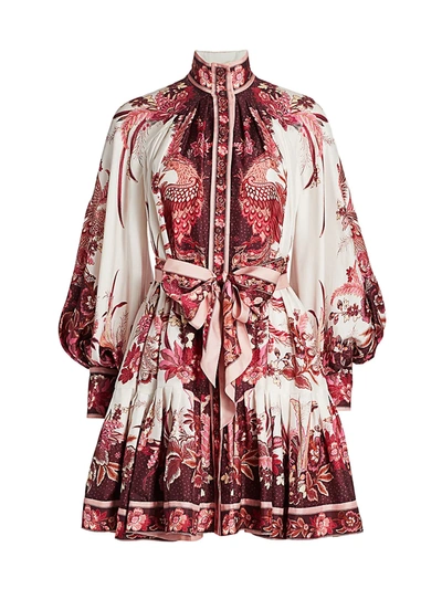 Shop Zimmermann Wavelength Blouson-sleeve Silk Dress In Pink Phoenix