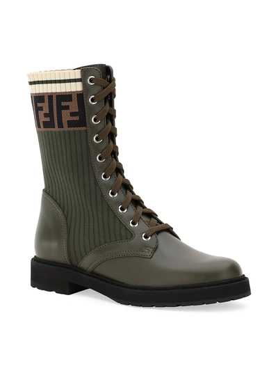 Shop Fendi Rockoko Knit Leather Combat Boots In Military Olive