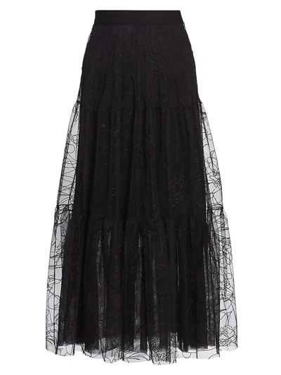Shop Akris Punto Sashiko Flower Embroidered Tulle Maxi Skirt In Black
