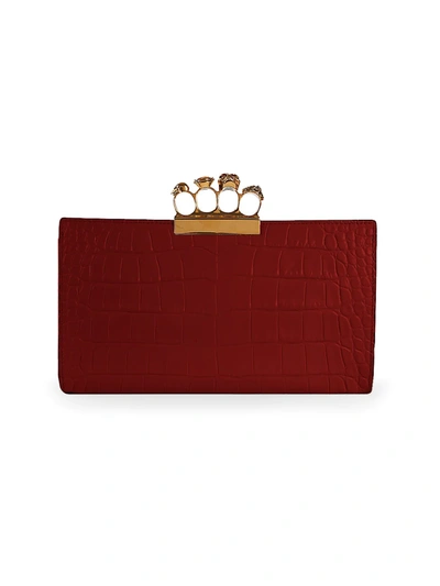 Shop Alexander Mcqueen Skull Four-ring Croc-embossed Leather Flat Pouch In Madder
