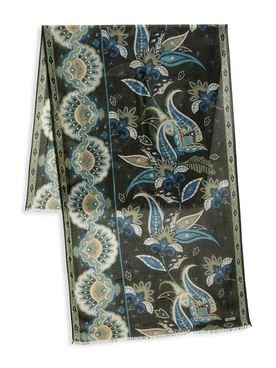 Shop Kiton Multi Floral Silk Scarf In Olive Teal