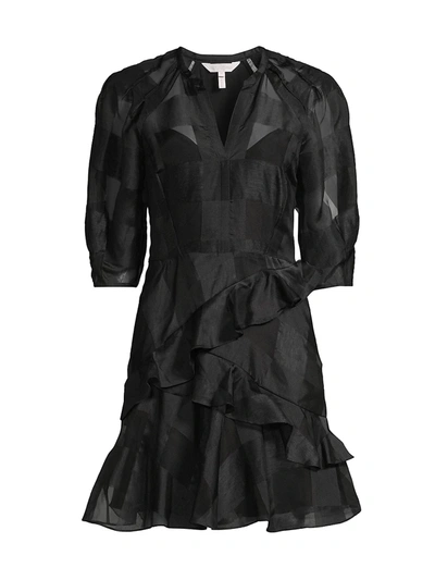 Shop Rebecca Taylor Organza Check Long-sleeve Dress In Black