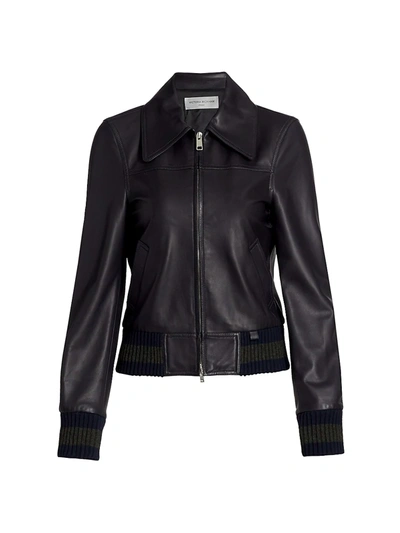 Shop Victoria Beckham Leather Bomber Jacket In Navy