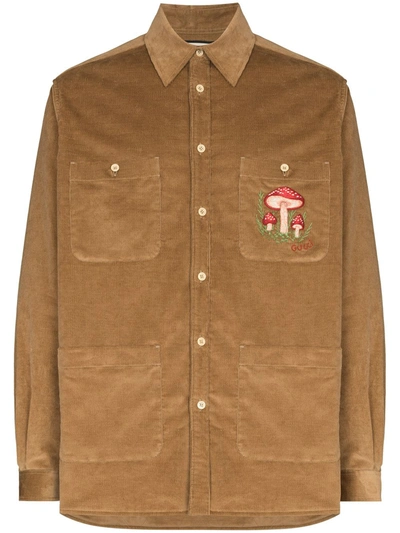 Shop Gucci Mushroom-embroidered Corduroy Shirt Jacket In Brown