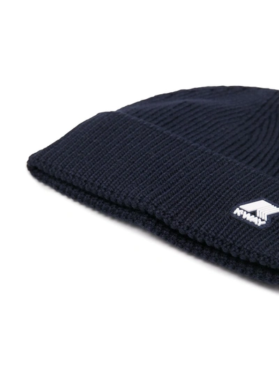 Shop K-way Logo-patch Ribbed Beanie Hat In Blue