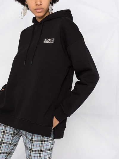 Shop Ganni Logo-embroidered Drawstring Hoodie In Black