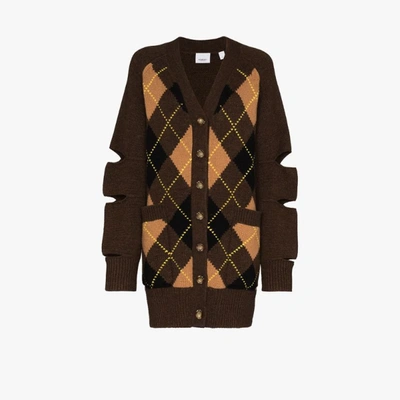Shop Burberry Agnese Argyle Check Cardigan In Brown
