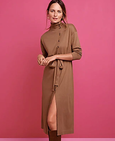 Shop Ann Taylor Petite Side Buttoned Mock Neck Dress In Chocolate Mousse