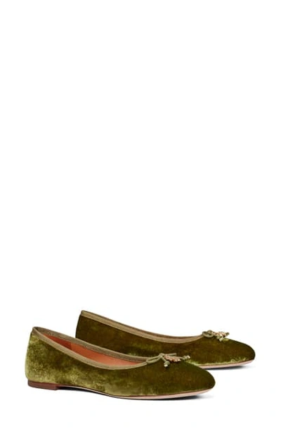 Shop Tory Burch Logo Charm Ballet Flat In Olive/ Olive