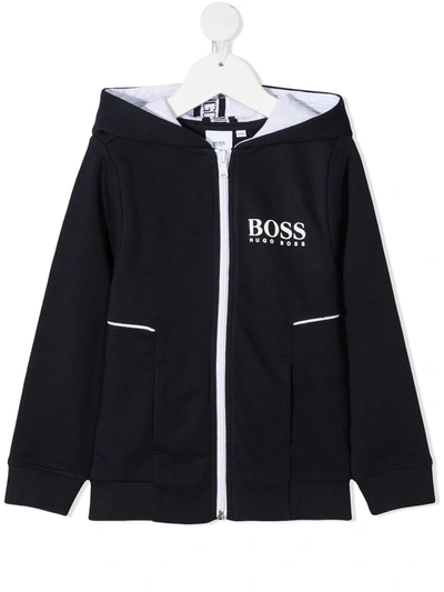 Shop Hugo Boss Logo-print Zipped Hoodie In Blue