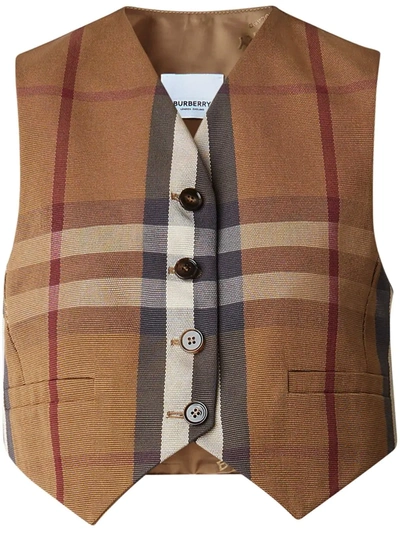 Shop Burberry Cropped Check Waistcoat In Braun