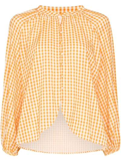 Shop Peony Check Print Puff Sleeve Shirt In Orange
