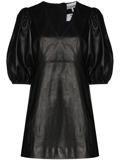 Shop Ganni V-neck Puff-sleeve Leather Mini Dress In Black