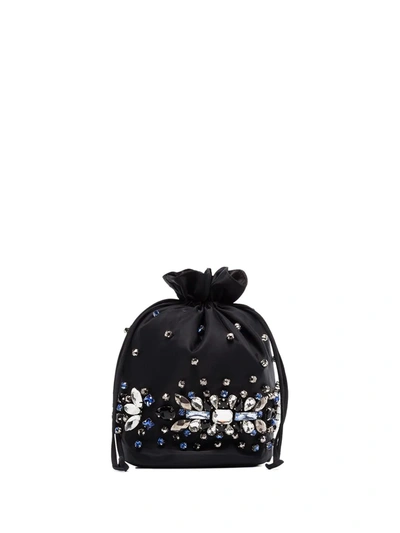 Shop Ganni Crystal-embellished Drawstring Bucket Bag In Black