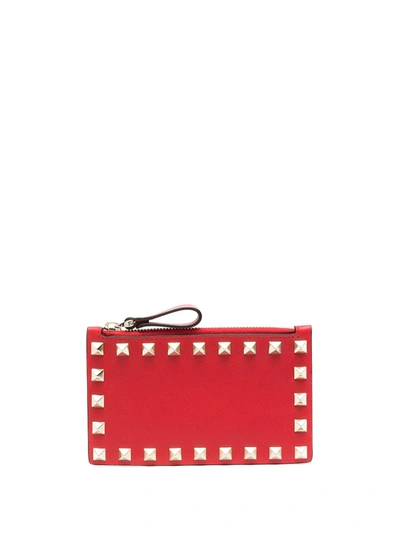 Shop Valentino Rockstud Top Zip Leather Cardholder In Red