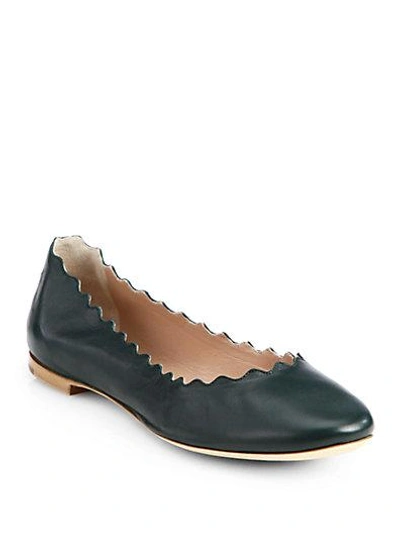Shop Chloé Scalloped Leather Ballet Flats In Dark Green