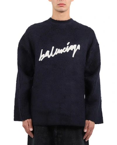 Shop Balenciaga Navy Logo Sweater