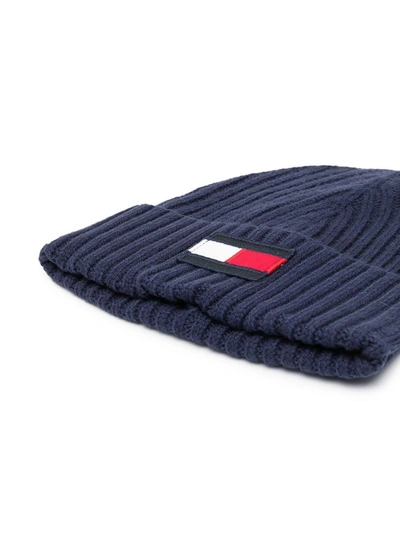 Shop Tommy Hilfiger Junior Ribbed Knit Logo Beanie In Blue