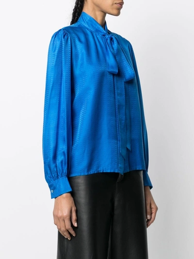 Pre-owned Saint Laurent Pussy Bow Long-sleeved Blouse In Blue