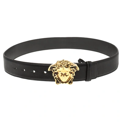 Pre-owned Versace Black Leather Medusa Buckle Belt 85cm