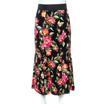 Pre-owned Dolce & Gabbana Black Floral Printed Cotton Flared Skirt S