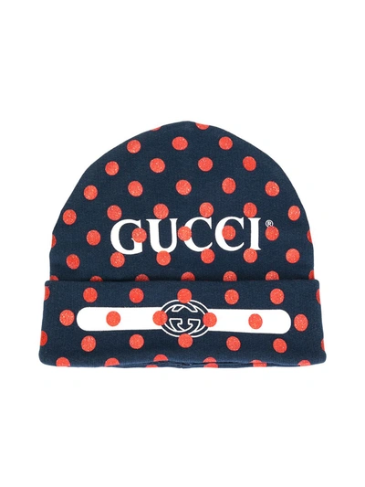 Shop Gucci Polka-dot Logo Beanie Hat In Blue