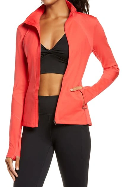 Zella Studio Lite Ribbed Detail Track Jacket In Red Hibiscus
