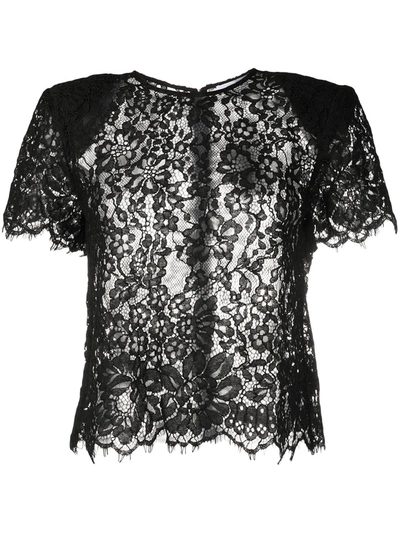 Shop Self-portrait Lace-trimmed Short-sleeved Blouse In Black