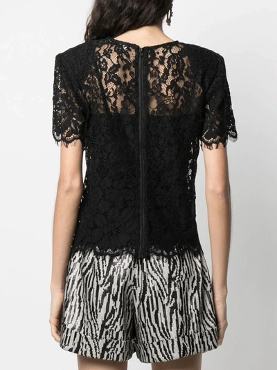 Shop Self-portrait Lace-trimmed Short-sleeved Blouse In Black