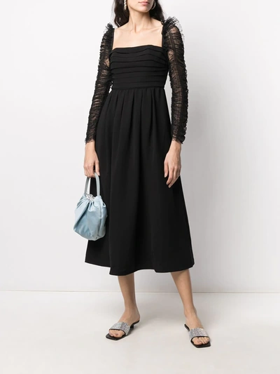 Shop Self-portrait Crepe Dot Mesh Sleeved Midi Dress In Black