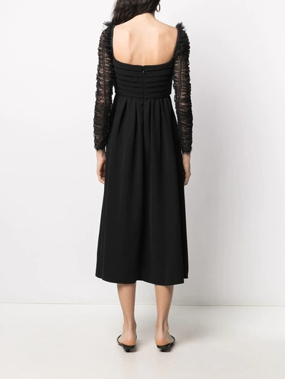 Shop Self-portrait Crepe Dot Mesh Sleeved Midi Dress In Black
