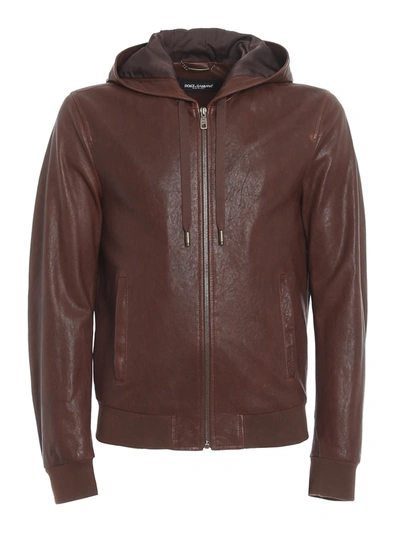 Shop Dolce & Gabbana Leather Hooded Jacket In Brown