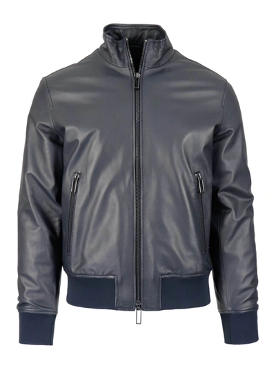 Shop Emporio Armani Leather Bomber Jacket In Dark Blue