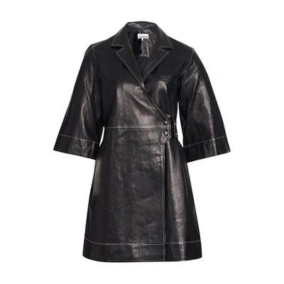 Shop Ganni Lamb Leather Mini Dress In Black