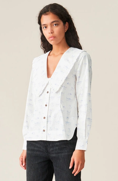 Shop Ganni Printed Cotton Poplin V-neck Shirt In Bright White