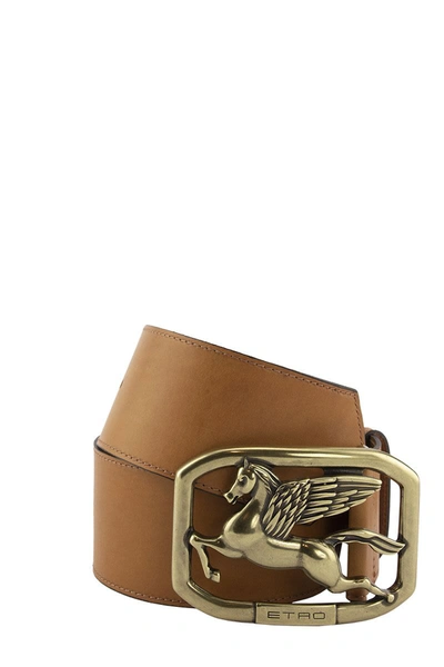 Shop Etro Leather Belt Asta With Pegaso Buckle In Brown